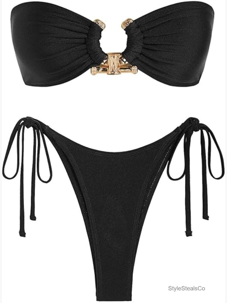 Bandeau Bikini Strapless Metal Ring Lace Up High Cut Swim Top Bottoms